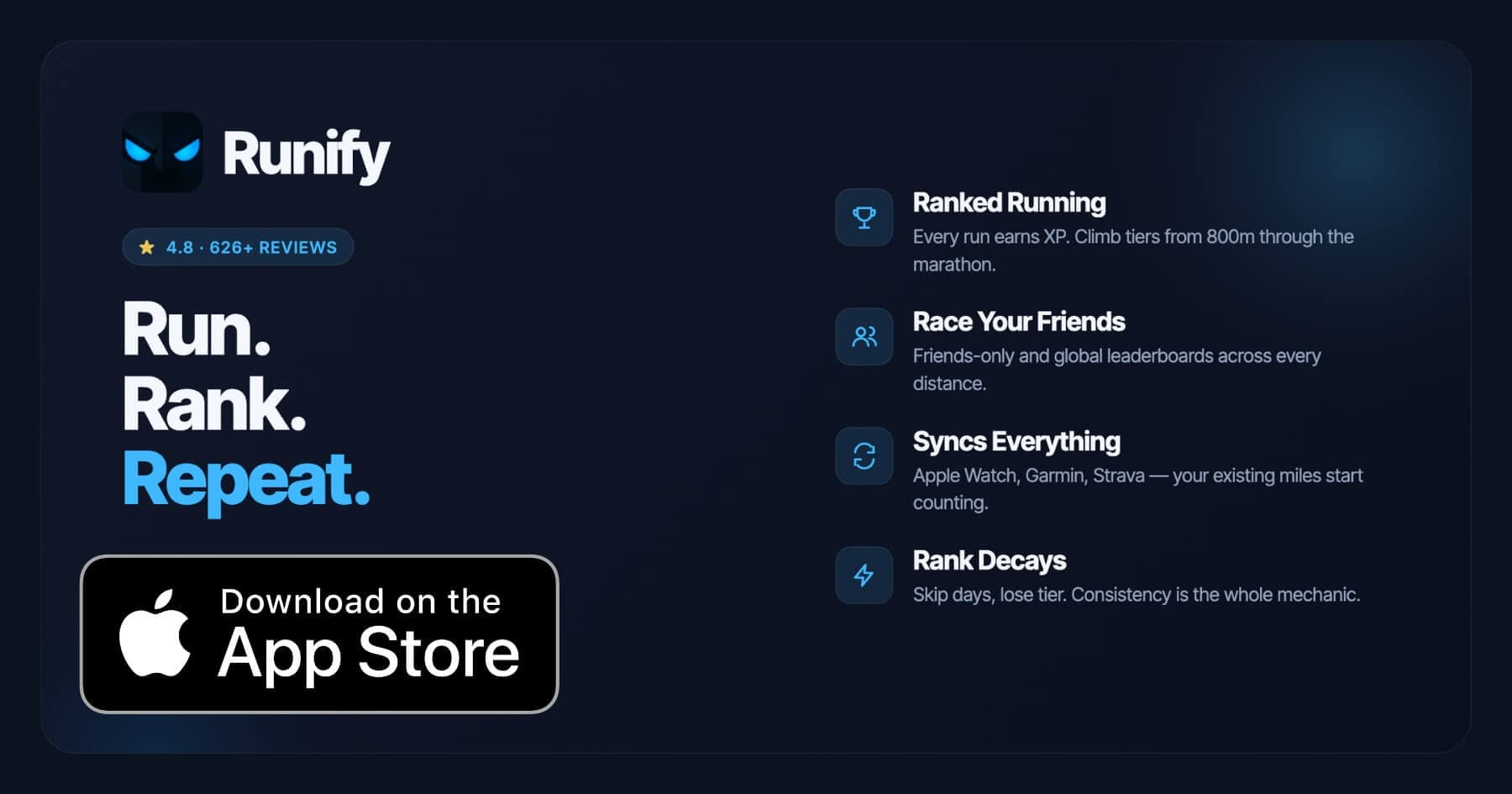 Runify - ranked run tracker app for iPhone and Apple Watch with XP, leaderboards, and Strava, Garmin, and Apple Watch sync